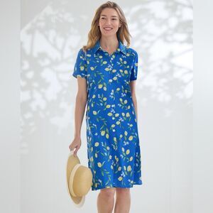 Appleseeds Shirt Dress Womens Large Linen Blend Blue Lemons Short Sleeve Pockets